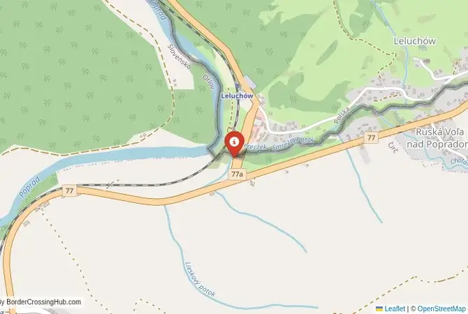Close-up map showing a border crossing point with marker at the selected land port of entry between Slovakia and Poland
