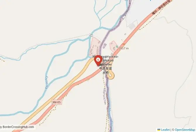 Close-up map showing a border crossing point with marker at the selected land port of entry between Kyrgyzstan and China