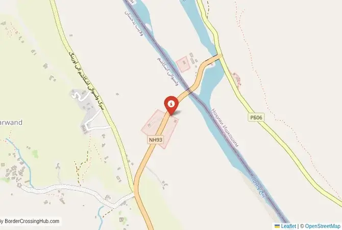 Close-up map showing a border crossing point with marker at the selected land port of entry between Tajikistan and Afghanistan