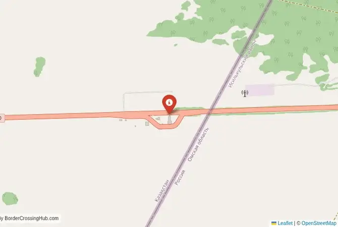 Close-up map showing a border crossing point with marker at the selected land port of entry between Kazakhstan and Russia