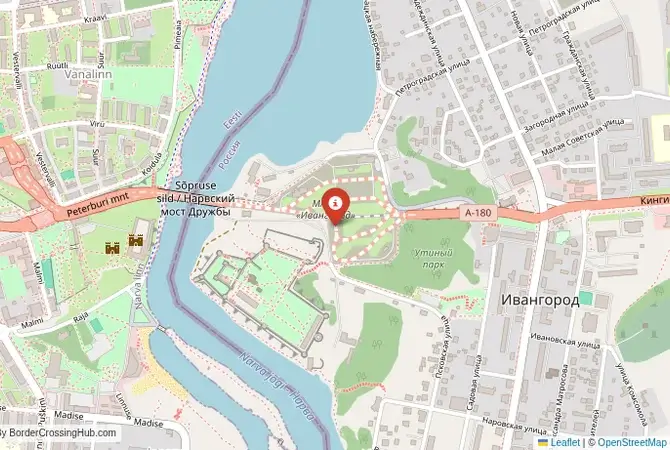 Close-up map showing a border crossing point with marker at the selected land port of entry between Russia and Estonia