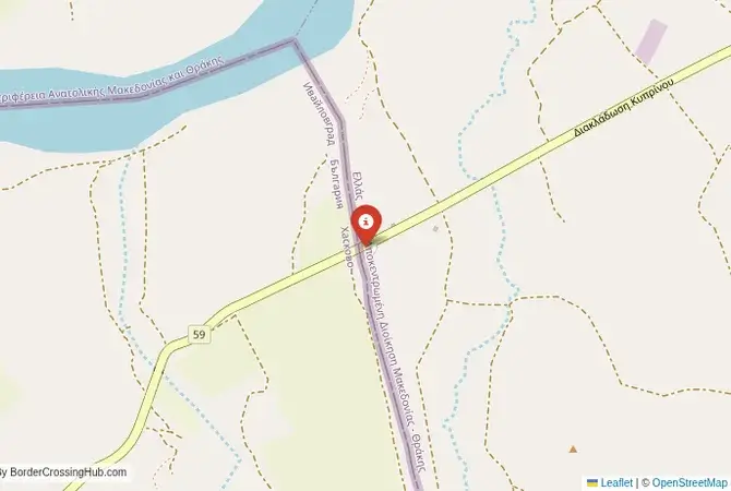Close-up map showing a border crossing point with marker at the selected land port of entry between Bulgaria and Greece