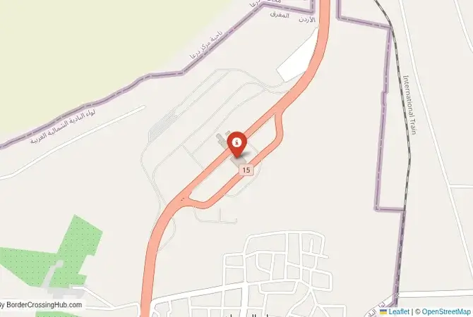 Close-up map showing a border crossing point with marker at the selected land port of entry between Syria and Jordan