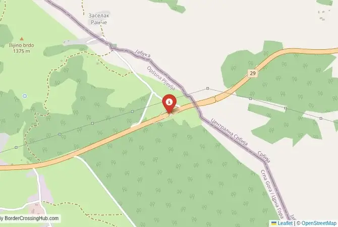 Close-up map showing a border crossing point with marker at the selected land port of entry between Montenegro and Serbia