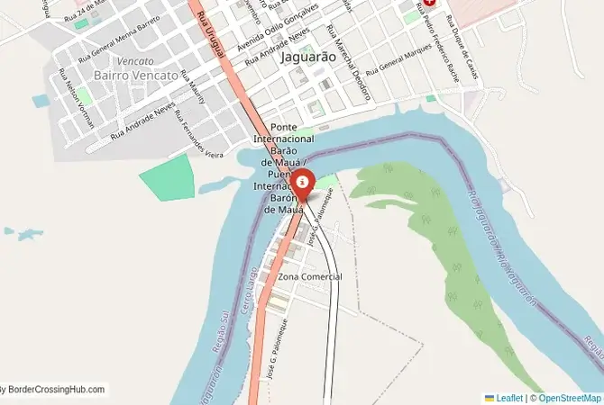 Close-up map showing a border crossing point with marker at the selected land port of entry between Brazil and Uruguay