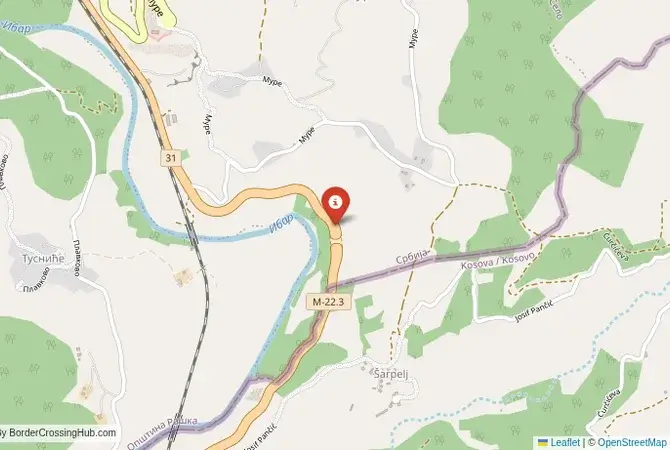 Close-up map showing a border crossing point with marker at the selected land port of entry between Kosovo and Serbia