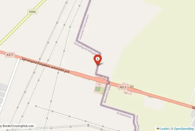 Close-up map showing a border crossing point with marker at the selected land port of entry between Uzbekistan and Tajikistan