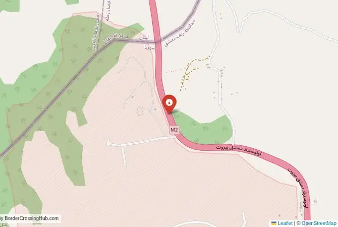 Close-up map showing a border crossing point with marker at the selected land port of entry between Lebanon and Syria