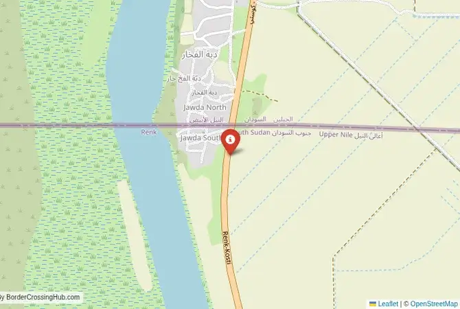 Close-up map showing a border crossing point with marker at the selected land port of entry between South Sudan and Sudan