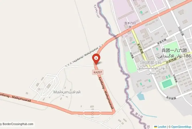 Close-up map showing a border crossing point with marker at the selected land port of entry between Kazakhstan and China