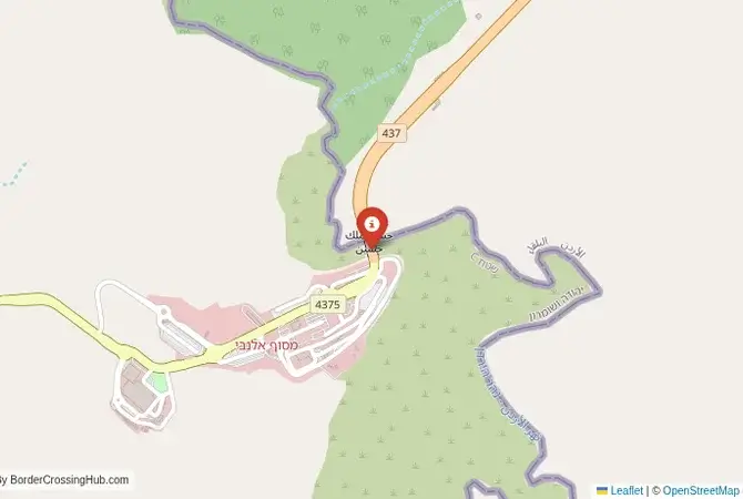 Close-up map showing a border crossing point with marker at the selected land port of entry between Jordan and Israel