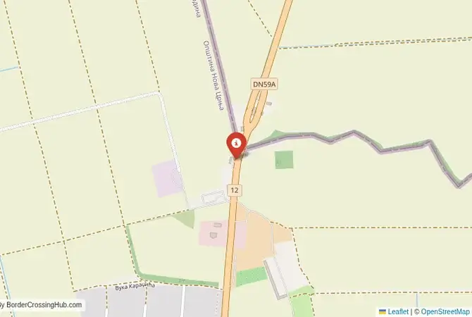 Close-up map showing a border crossing point with marker at the selected land port of entry between Romania and Serbia