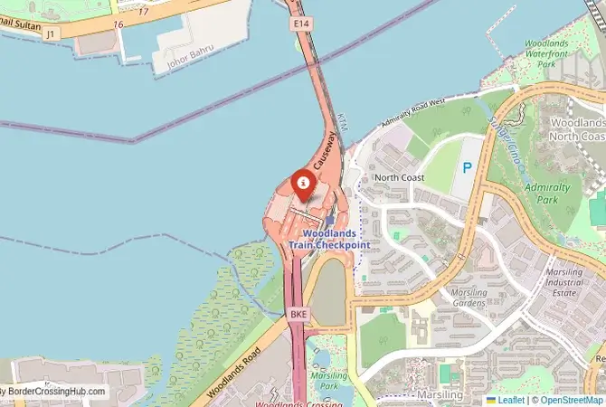 Close-up map showing a border crossing point with marker at the selected land port of entry between Malaysia and Singapore
