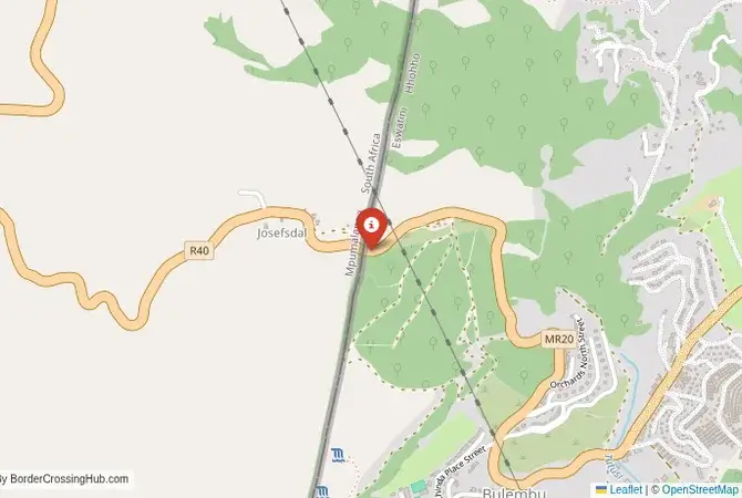 Close-up map showing a border crossing point with marker at the selected land port of entry between South Africa and Eswatini