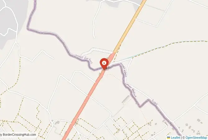 Close-up map showing a border crossing point with marker at the selected land port of entry between Lebanon and Syria