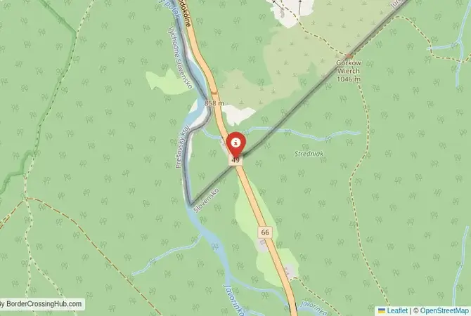 Close-up map showing a border crossing point with marker at the selected land port of entry between Slovakia and Poland
