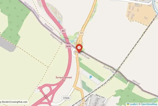 Close-up map showing a border crossing point with marker at the selected land port of entry between Slovakia and Hungary