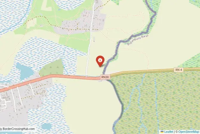 Close-up map showing a border crossing point with marker at the selected land port of entry between Tanzania and DR Congo