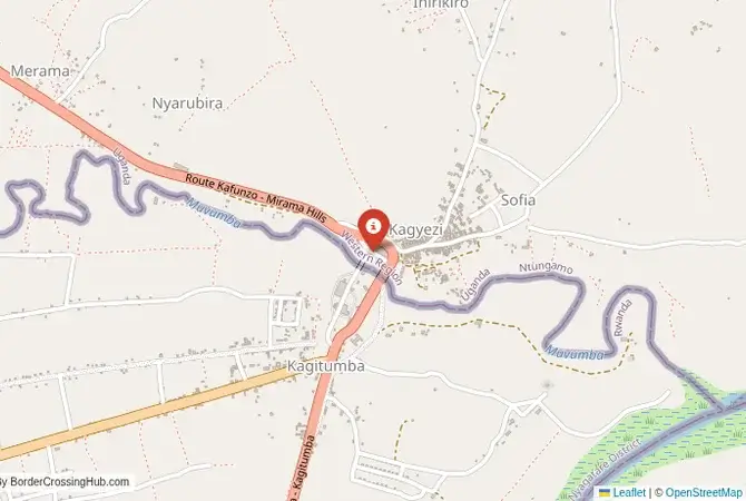 Close-up map showing a border crossing point with marker at the selected land port of entry between Rwanda and Uganda