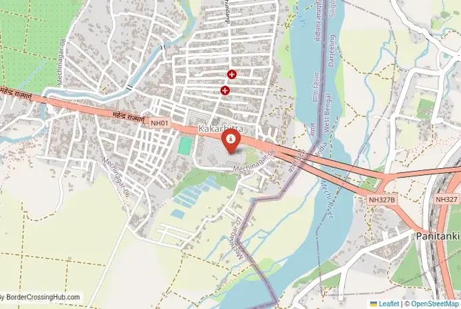 Close-up map showing a border crossing point with marker at the selected land port of entry between India and Nepal