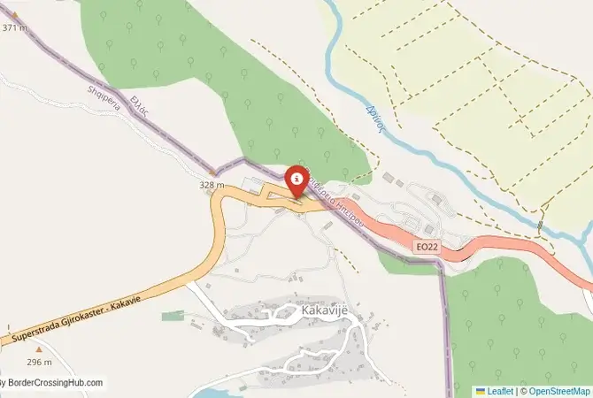 Close-up map showing a border crossing point with marker at the selected land port of entry between Albania and Greece