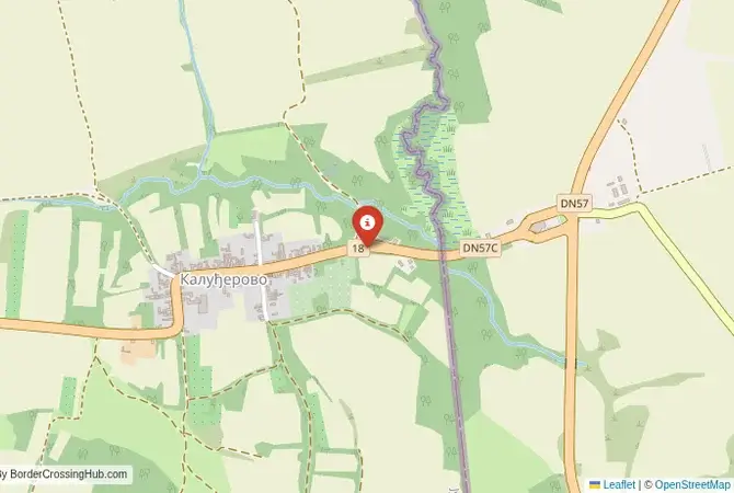 Close-up map showing a border crossing point with marker at the selected land port of entry between Romania and Serbia