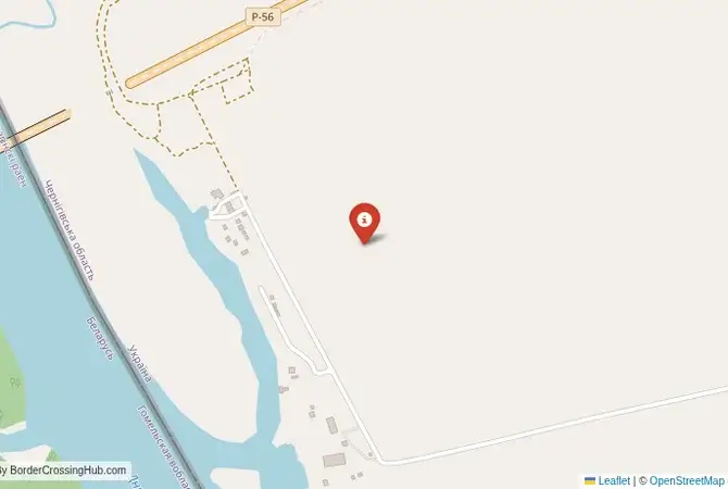 Close-up map showing a border crossing point with marker at the selected land port of entry between Belarus and Ukraine
