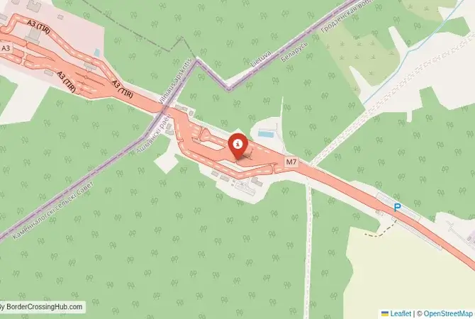 Close-up map showing a border crossing point with marker at the selected land port of entry between Belarus and Lithuania