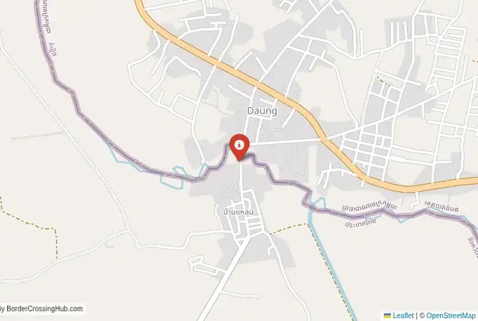 Close-up map showing a border crossing point with marker at the selected land port of entry between Thailand and Cambodia