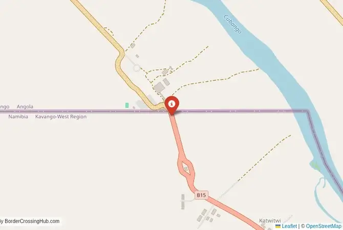 Close-up map showing a border crossing point with marker at the selected land port of entry between Malawi and Zambia