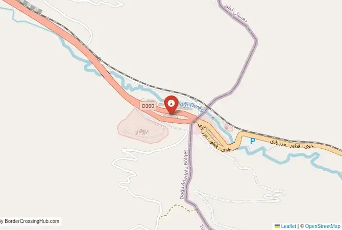 Close-up map showing a border crossing point with marker at the selected land port of entry between Turkey and Iran