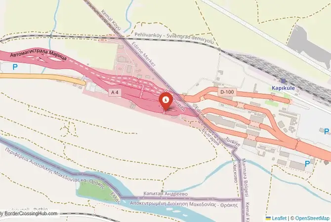 Close-up map showing a border crossing point with marker at the selected land port of entry between Bulgaria and Turkey