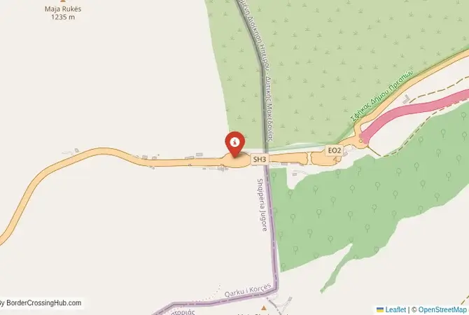 Close-up map showing a border crossing point with marker at the selected land port of entry between Albania and Greece