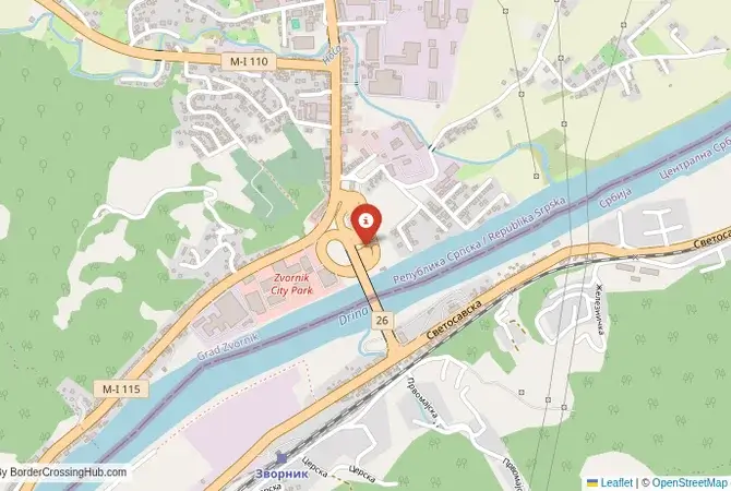 Close-up map showing a border crossing point with marker at the selected land port of entry between Bosnia and Herzegovina and Serbia