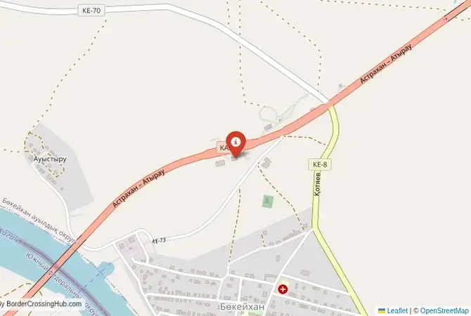Close-up map showing a border crossing point with marker at the selected land port of entry between Kazakhstan and Russia