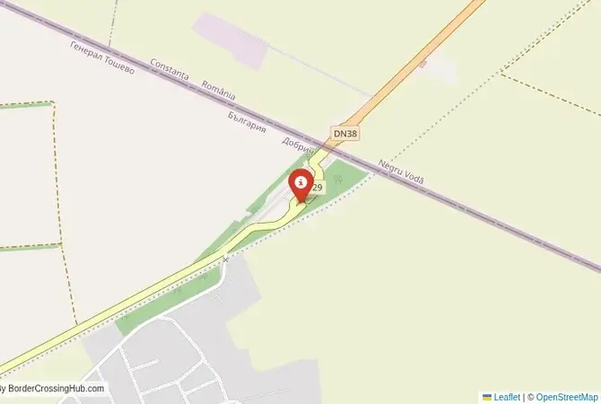 Close-up map showing a border crossing point with marker at the selected land port of entry between Bulgaria and Romania