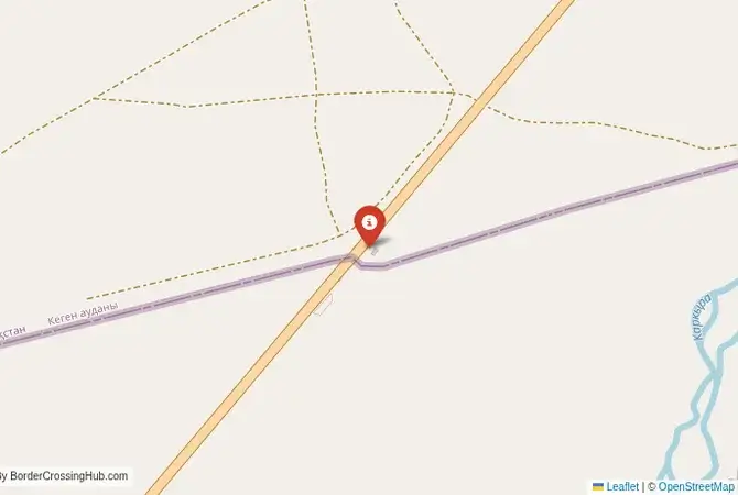 Close-up map showing a border crossing point with marker at the selected land port of entry between Kyrgyzstan and Kazakhstan