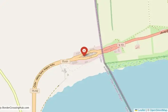 Close-up map showing a border crossing point with marker at the selected land port of entry between Georgia and Turkey