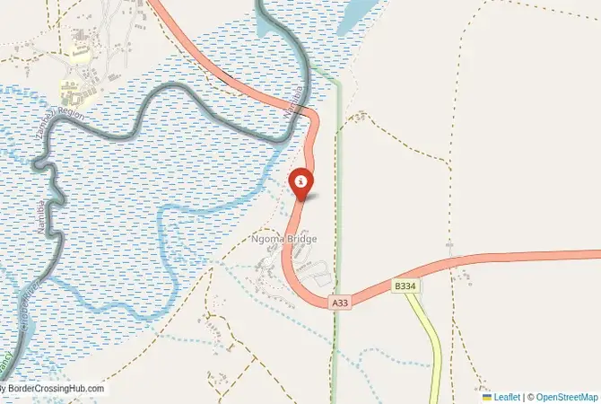 Close-up map showing a border crossing point with marker at the selected land port of entry between Namibia and Botswana