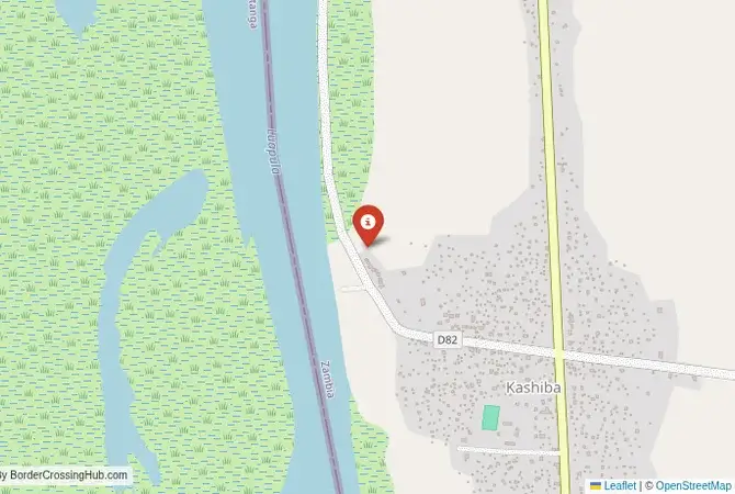 Close-up map showing a border crossing point with marker at the selected land port of entry between Zambia and DR Congo