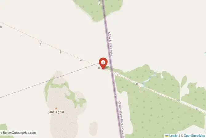 Close-up map showing a border crossing point with marker at the selected land port of entry between Eritrea and Sudan