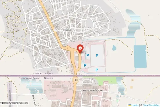 Close-up map showing a border crossing point with marker at the selected land port of entry between Namibia and Angola