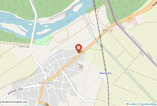 Close-up map showing a border crossing point with marker at the selected land port of entry between Turkey and Greece