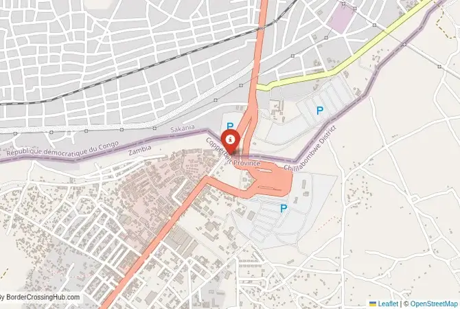 Close-up map showing a border crossing point with marker at the selected land port of entry between Zambia and DR Congo