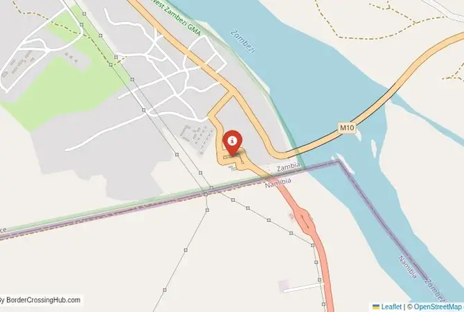 Close-up map showing a border crossing point with marker at the selected land port of entry between Zambia and Namibia