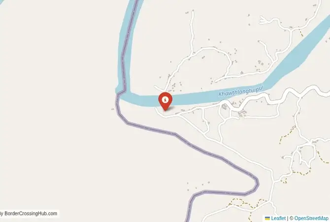 Close-up map showing a border crossing point with marker at the selected land port of entry between Bangladesh and India