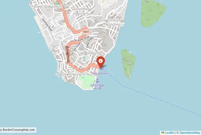Close-up map showing a border crossing point with marker at the selected land port of entry between Myanmar and Thailand