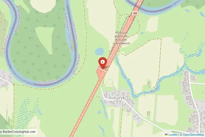 Close-up map showing a border crossing point with marker at the selected land port of entry between Belarus and Poland