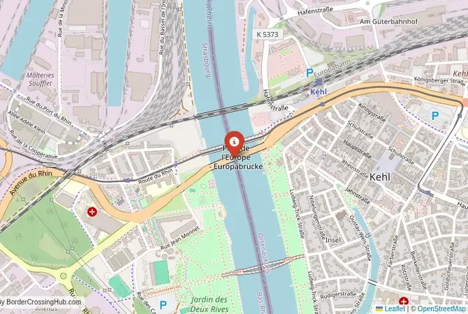Close-up map showing a border crossing point with marker at the selected land port of entry between France and Germany