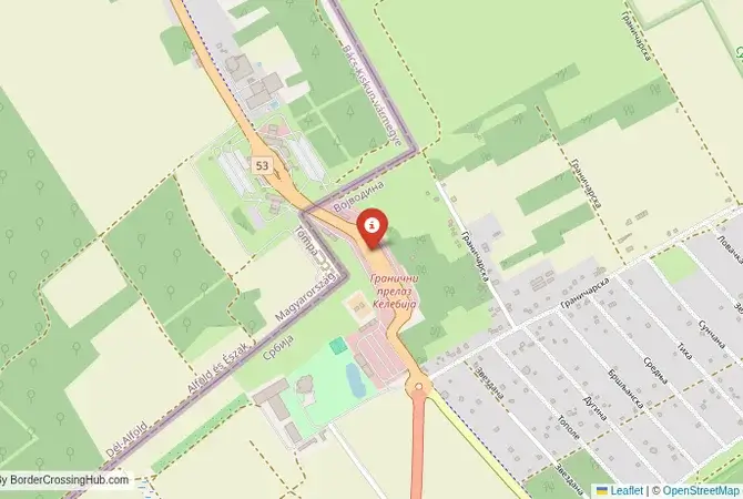 Close-up map showing a border crossing point with marker at the selected land port of entry between Hungary and Serbia